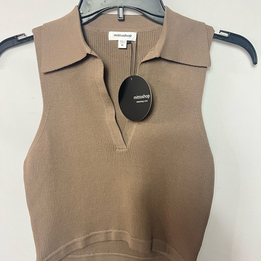 Mittoshop Taupe Sleeveless Collared Top